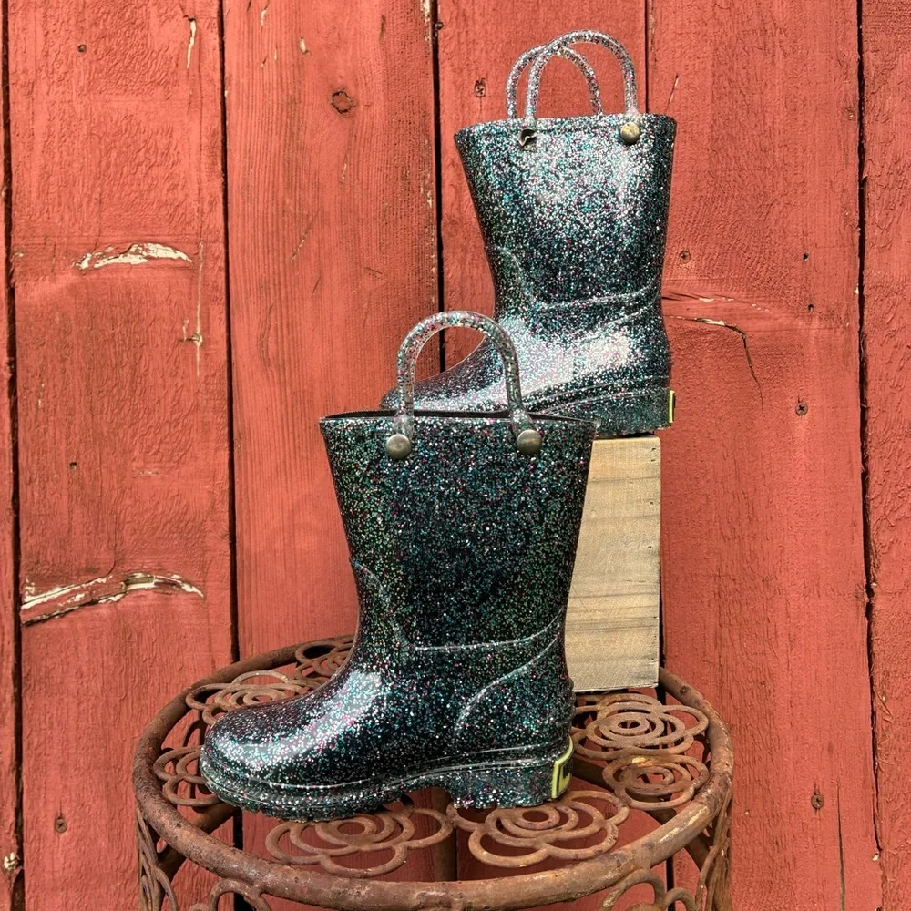 Western Chief Kids Rain Boots Black Silver Jelly Waterproof Glitter 6T EU22